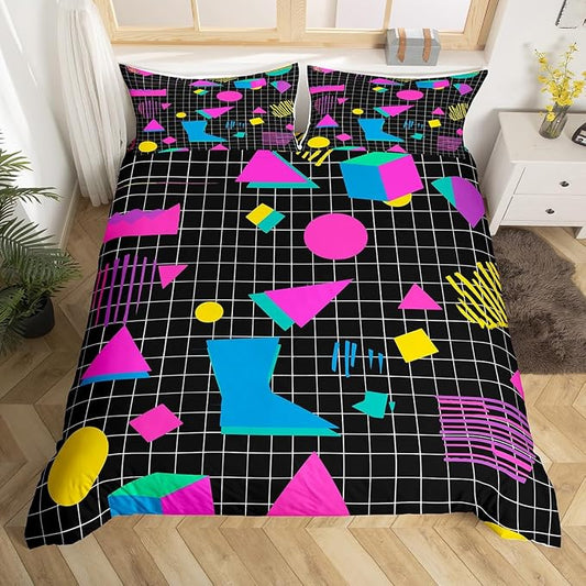 80s 90s Bedding Set Memphis Pattern Old Fashioned Comforter Cover King,Geometric Abstract Colorful Dots Funky Duvet Cover Retro Bed Set,Multicolor Cute Vintage Rainbow 80'S Style 1980S Home Decor