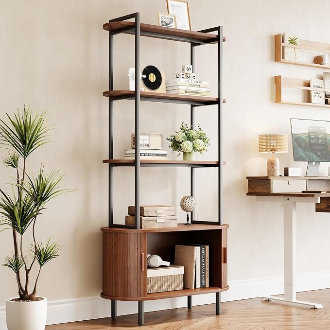 4 Tier Tall Bookshelf with Cabinet, Fluted Bookcase with Sliding Door, Metal and Wood Display Shelf, Free Standing Storage Shelving Unit, Corner Storage Organizer for Living Room, Home Office, Walnut