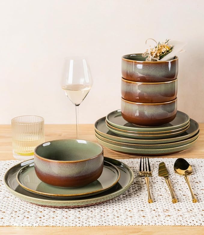 TheTerra Ceramic Dinnerware Sets for 4, 12 Pieces Handmade Reactive Glaze Plates and Bowls Set, Scratch Resistant Dish Set, Oven & Microwave & Dishwasher Safe, Sage Umber