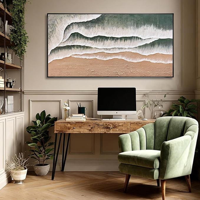 Textured Framed Wall Decor Green and White Art Posters Modern Canvas Painting 24"x48" Bedroom Artwork for Wall Pictures for Office