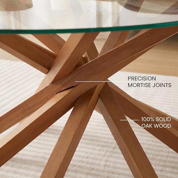 Round Glass Coffee Table-Mid Century Modern Circle Coffee Table with Unique Solid Wood Mortise Interlocking Starburst Legs Design for Living Room,Office,Hotel Lobby,Commercial Environments