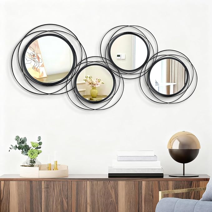 4 Set Circle Mirrors for Wall Decor for Living Room Bedroom Bathroom Entryway Metal Round Mirror Decorative Hanging Mirrors Sun Bohemian Geometric Accent Sculpture -Black 11 in/9.2 in