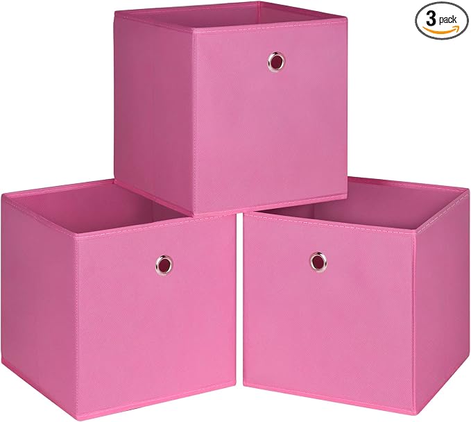 Foldable Storage Cubes Bins ,11 Inch Cloth Storage Cube Fabric Storage Box Cubes Organizer Baskets with Handles for Home Organizer Set of 3 (Pink)