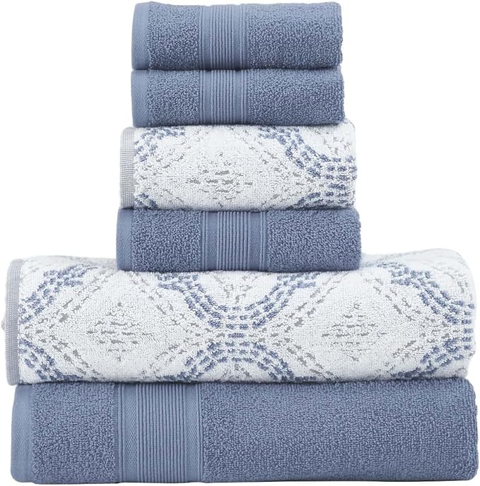 Modern Threads Capri 6-Piece Reversible Yarn Dyed Jacquard Towel Set - Bath Towels, Hand Towels, & Washcloths - Super Absorbent & Quick Dry - 100% Combed Cotton, Denim