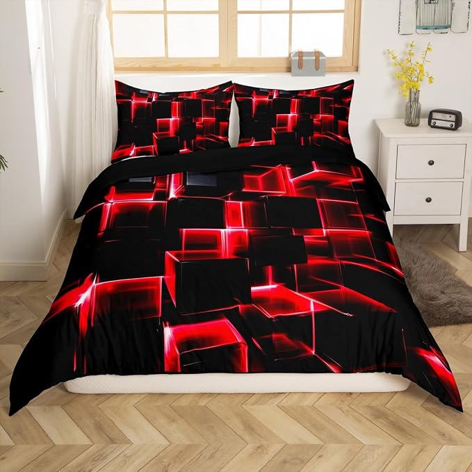 Erosebridal Red and Black Geometric Duvet Cover Twin Size Modern 3D Stereoscopic Square Bedding Sets, Gradient Neon Honeycomb Bed Set 2 Pieces for All Season