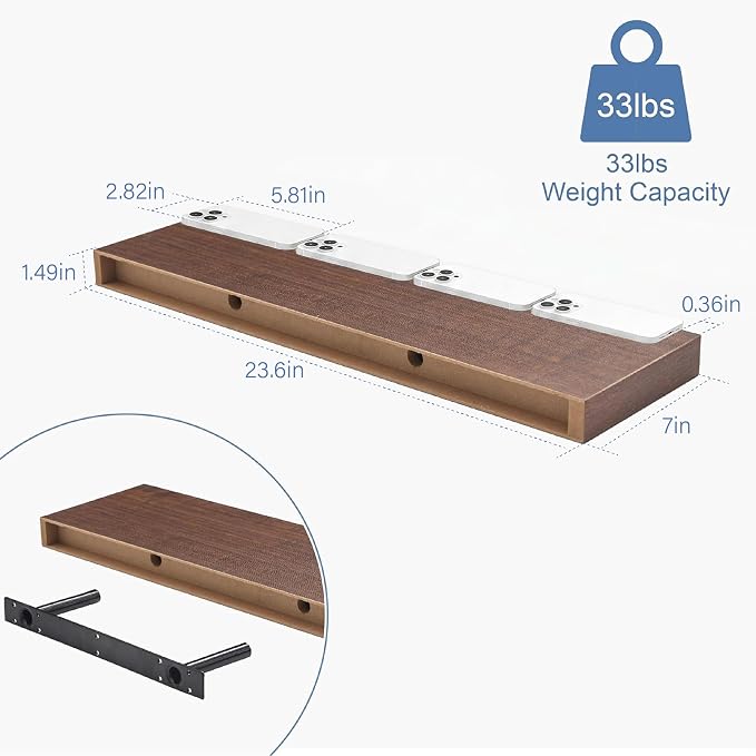 Walnut Floating Shelves Set of 2, 24 Inch Rustic Wood Wall Mounted Shelves for Bathroom, Bedroom, Living Room & Kitchen, Farmhouse Storage & Display Shelves