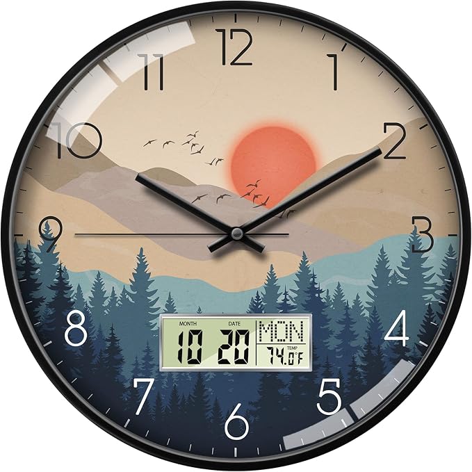 Wilderness Sunset Wall Clock, 12 Inch Silent Non-Ticking Battery Operated Analog Clock with LCD Date Day Temp Display, Decorative for Living Room, Bedroom, Kitchen, Office, Farmhouse, Cabin