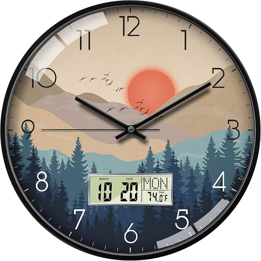 Wilderness Sunset Wall Clock, 12 Inch Silent Non-Ticking Battery Operated Analog Clock with LCD Date Day Temp Display, Decorative for Living Room, Bedroom, Kitchen, Office, Farmhouse, Cabin