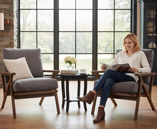 HNY Set of 2 Mid Century Accent Chair, Upholstered Armchair with Wood Frame and Canvas Cushions, Leisure Reading Chair Slipper Chair for Living Room, Bedroom, Gray