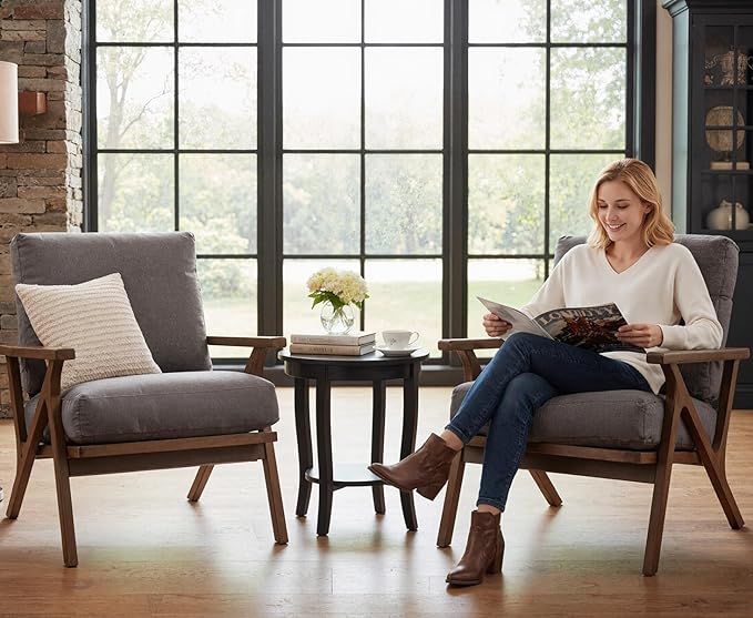 HNY Mid Century Arm Chair, Upholstered Accent Armchair with Wood Frame and Canvas Cushions, Leisure Reading Chair Slipper Chair for Living Room, Bedroom, Gray