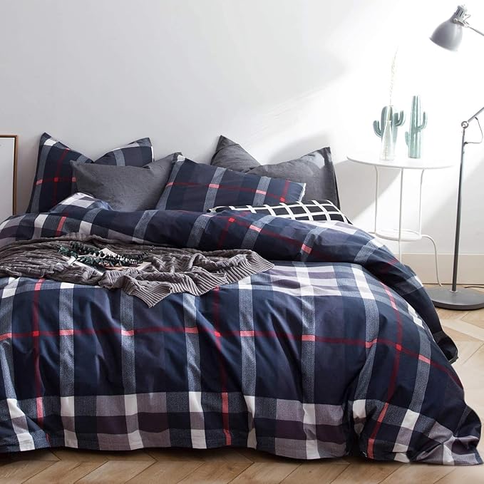 Pureant Navy Blue Plaid Comforter Set California King Blue Grid Bedding Comforter Sets for Men Boys Tartan Geometric Cal King Comforter Soft Buffalo Grid Quilts Boho Blue Comforter Sets Breathable