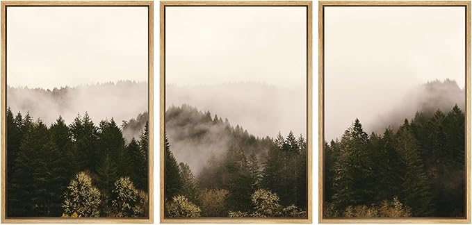SIGNWIN 3 Piece Framed Canvas Wall Art Brown Foggy Mountains Nature Wilderness Photography Abstract Rustic Canvas Prints Home Artwork Decoration for Living Room,Bedroom - 16"x24"x3 Natural