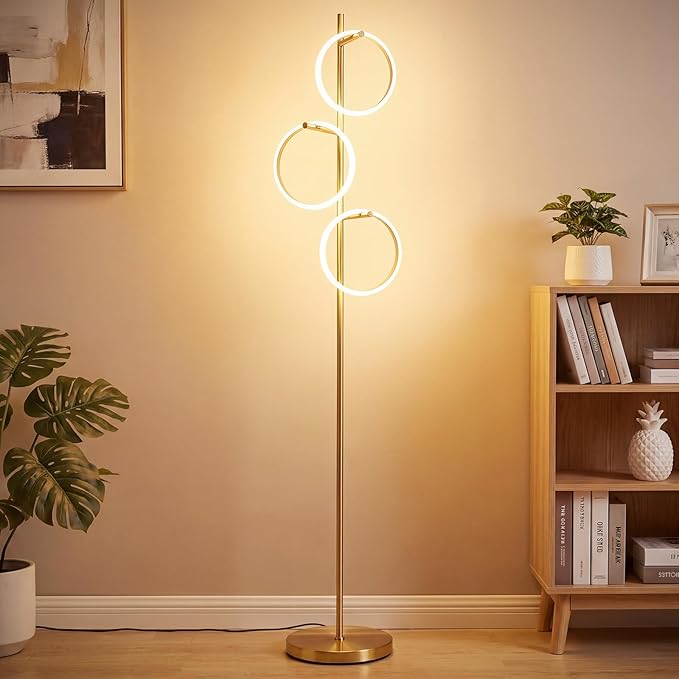 Bairth Gold Floor Lamp with 3 Lights, Modern LED Tree Floor Lamp for Living Room, 17W Stepless Dimmable Tall Standing Lamp with 3 Detachable Circular Lights for Reading, Bedroom, Office, Antique Brass