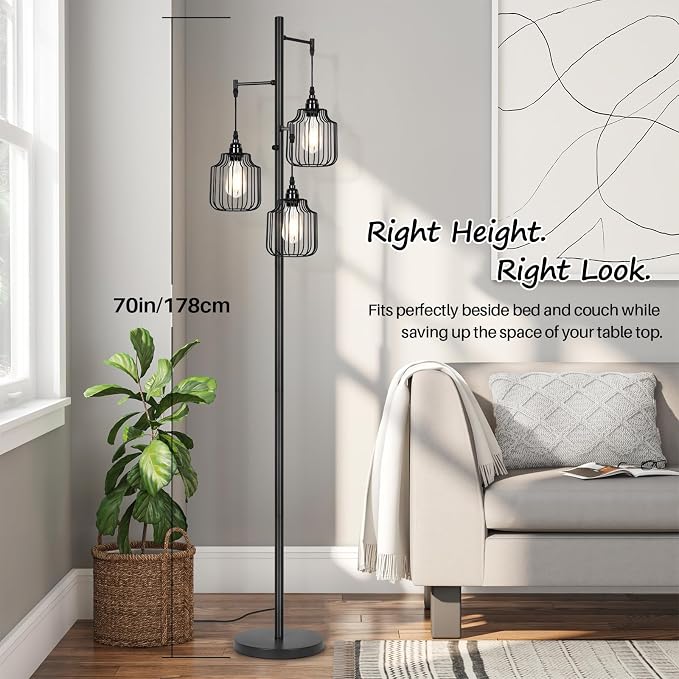 Dimmable Floor Lamp with 3 x 800LM LED Edison Bulbs,Tall Standing Lamp for Living Room,Farmhouse Black Corner Floor Lamp,Bright Industrial Rustic Vintage Tree Pole Light with Cage for Bedroom Office