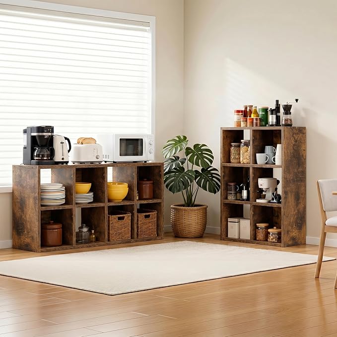 LUCKLIFE 6-Cube Storage Organizer, Stackable Modular Bookcase Shelf with Vertical or Horizontal Use, Fits 11×11" Bins, Optional Back Panels, for Living Room, Office, Vintage Brown