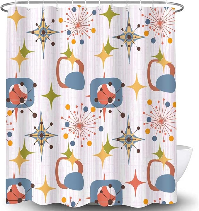Mid Century Shower Curtain, 72x84inch, Modern Abstract Retro Pink Striped Geometric Shower Curtain Sets 1950s Boho Bathroom Shower Curtain with 12 Hooks