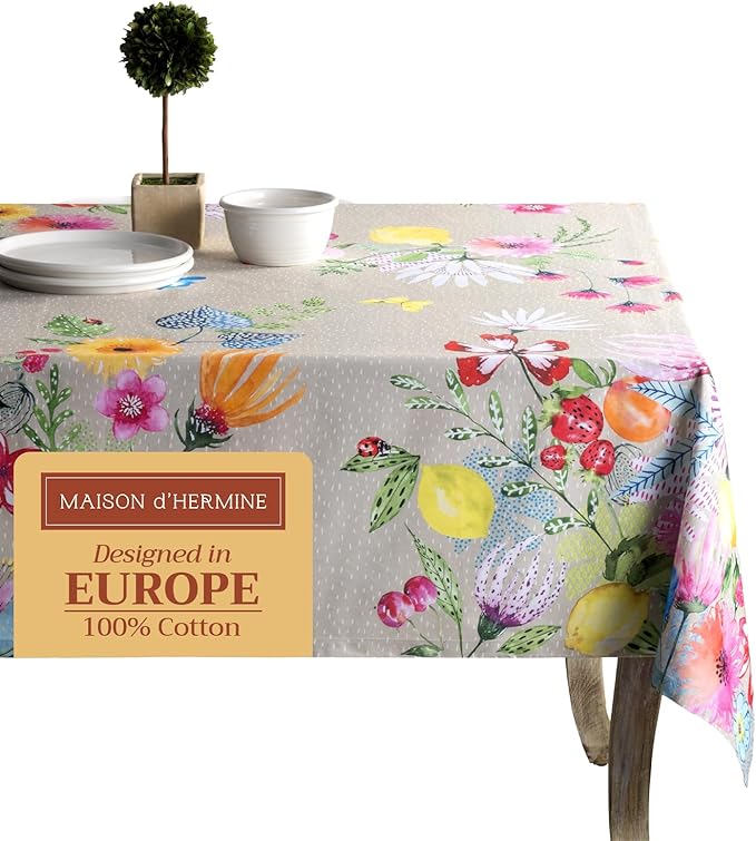 Maison d' Hermine Table Cloth Square Table 100% Cotton 54 x 54 Inches Tablecloth Reusable Decorative for Dining Room Farmhouse Home Valentines Day Decorations Spring Summer - Jardin D'Ete - Fog