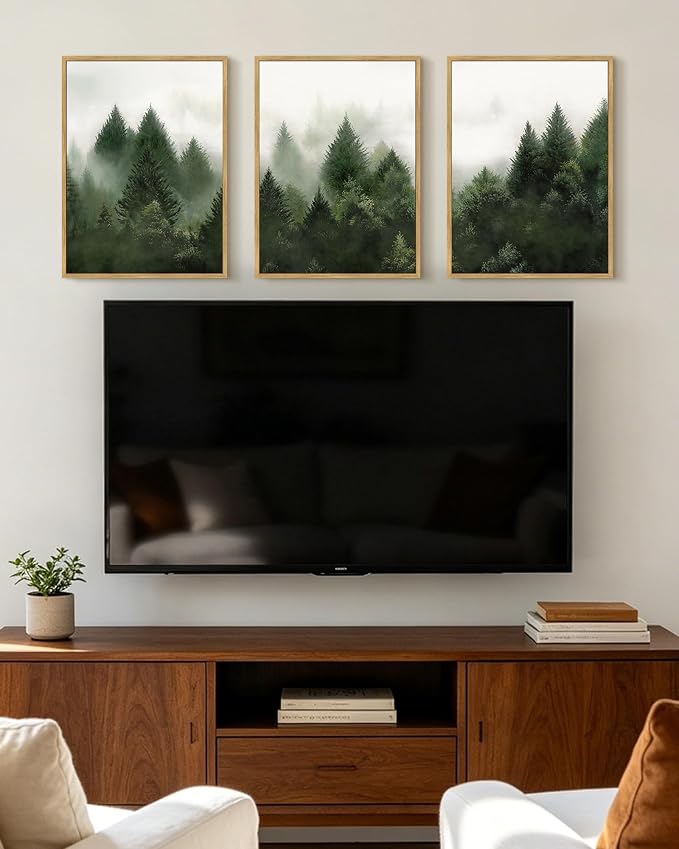 KUVIOKE Morden Green Fog Pine Tree Framed Canvas Wall Art Nature Nordic Forests Artwork Painting Bedroom Decor 12x16in (Natural Framed)