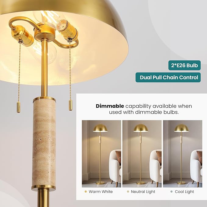 Modern Floor Lamp for Living Room - 62" Tall Standing Lamp Mid Century Gold Corner Floor Lamp with Foot Switch and Unique Travertine Decor Pole Floor Reading Lamp for Bedroom Office
