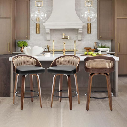 26" Swivel Rattan Bar Stools Set of 3,Mid-Century Modern Black Leather Upholstered Counter Height Stools,Kitchen Island Barstools with Rattan Low Backrest,Walnut Wood Finish Bar Chair