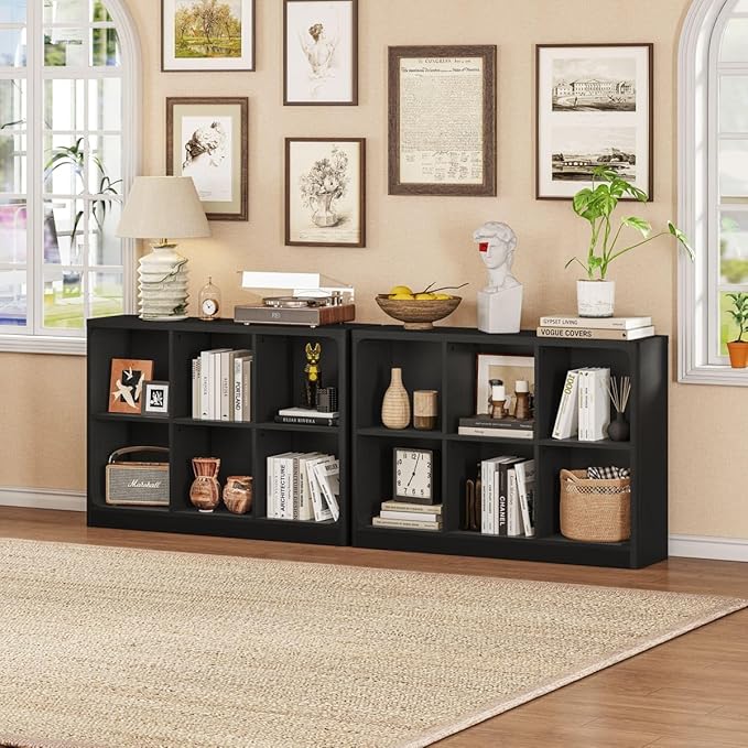 FATORRI 6 Cube Storage Bookcase, Rustic Wood Horizontal Bookshelf with Rounded Corners, Low Cube Organizer Shelf for Living Room, Bedroom, Office (Black, 43 Inch)