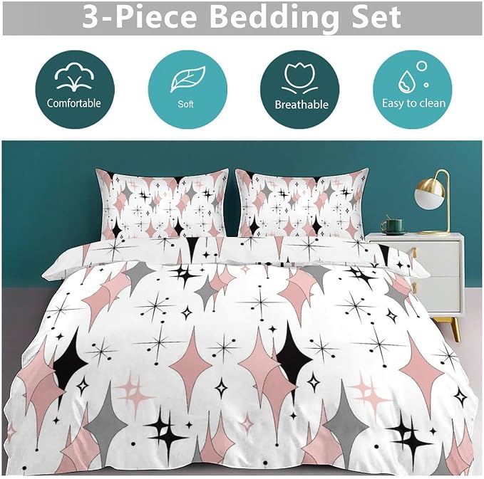 Mid Century Comforter Set for Girls,Modern Pink Grey Abstract Atomic Geometric Pattern Retro 1950s 1960s Style Bedding Set with Pillowcase for Bedroom Bed Decor,King 102"x90"