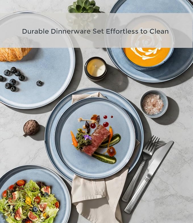GBHOME 12-Piece Stoneware Dinnerware Set for 4 – Ribbed Ceramic Plates and Bowls, Scratch-Resistant, Microwave & Dishwasher Safe, Reactive Glaze, Deep Tidal Blue