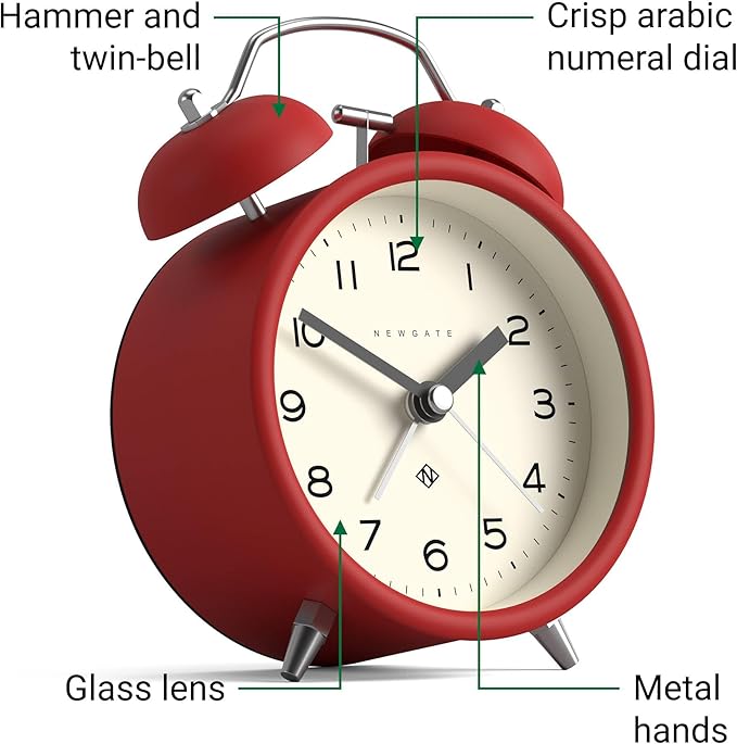 NEWGATE® Charlie Bell Echo Alarm Clock | Modern take on Classic Twin Bell Clock | Red | Easy to Read Numbers | Ideal for Bedside, Desk or Shelf | Modern Retro Bedroom & Office Accessory