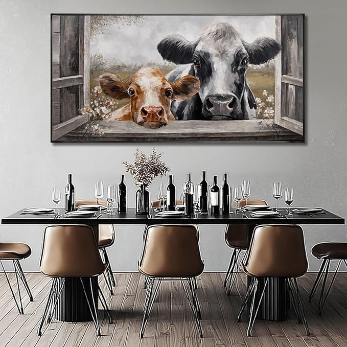 Modern Framed Wall Decor Cow Wall Art Grey and Brown Picture Prints 29"x58" Decorations for Bedroom Posters for Living Room