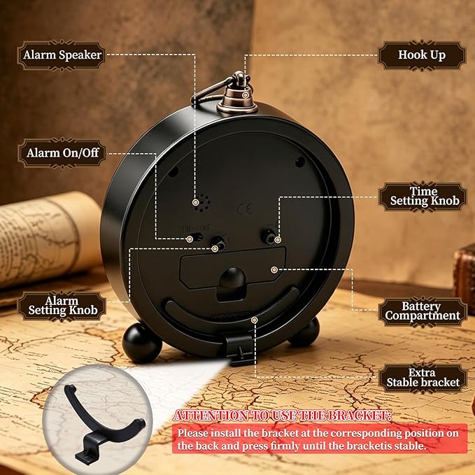 Metal Analog Alarm Clock - 5'' Battery Operated Silent Non-Ticking Quartz Antique Retro Small Desk Clocks for Bedside Bedrooms Living Room Office Home Decor (Black)