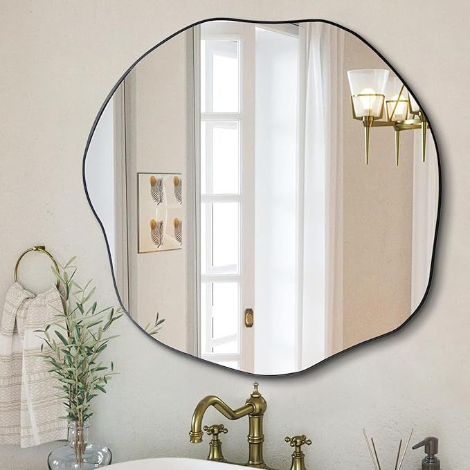 POZINO Irregular Mirror, 30" Large Asymmetrical Wall Mirrors, Scalloped Rounded Mirror, Modern Frameless Abstract Mirrors for Living Room Bedroom Bathroom Entryway Hallway Fireplace