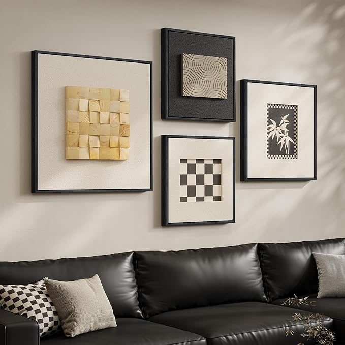 Large Framed 3D Wood Wall Art for Living Room, 4 Piece Modern Geometric Textured Paintings Artwork for Walls, Neutral Black and White Minimalist Wooden Home Wall Decor for Dining Room Hallway Bedroom