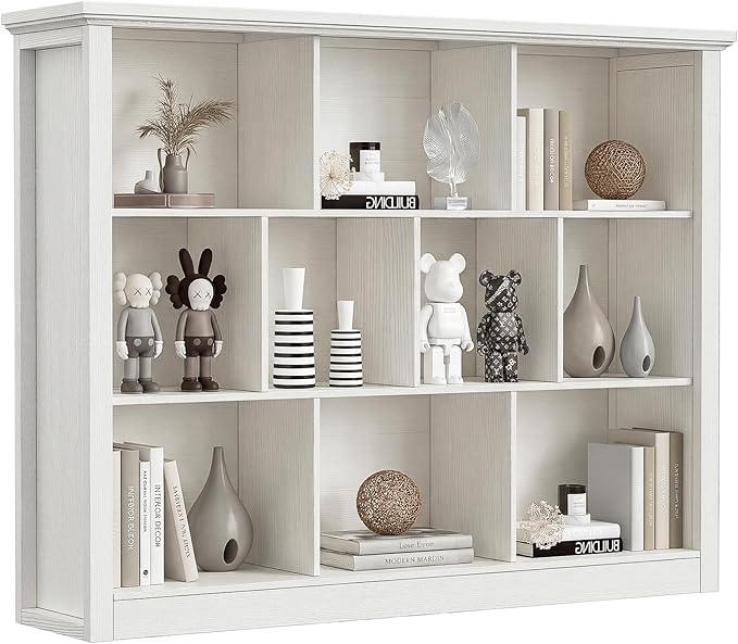 Unikito 10 Cube Storage Book Shelf - 50" Wide Wood Cube Storage Organizer, Wooden 3 Tiers Floor Standing Low Bookcase for Living Room, Bedroom, Home Office, Kids Room, Rustic White