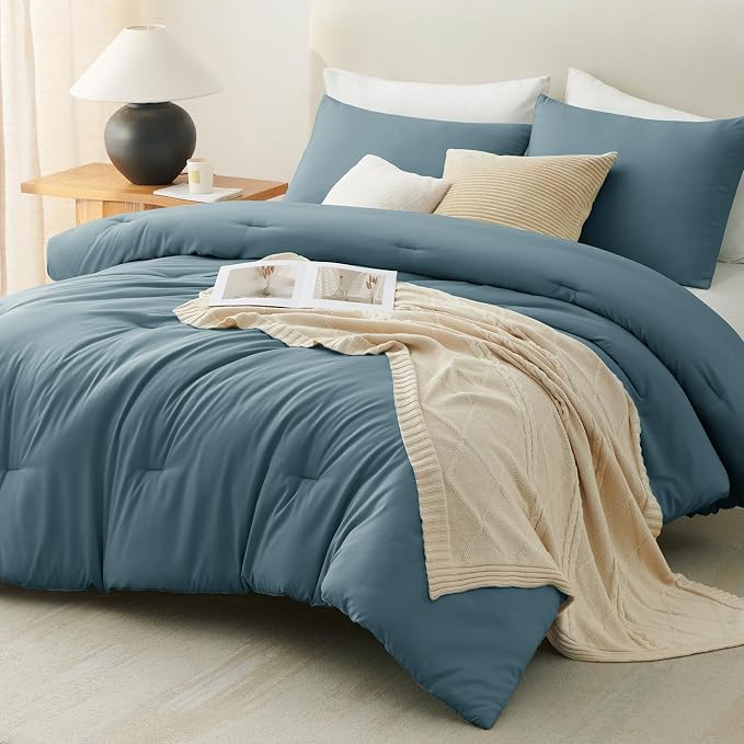 CozyLux Oversized Queen Comforter Set Mineral Blue, 3 Pieces 98"x98" Lightweight Down Alternative Quilted Bedding Sets, All Season Breathable Solid Comforter with 2 Pillowcases, Bed Set Gift for Home