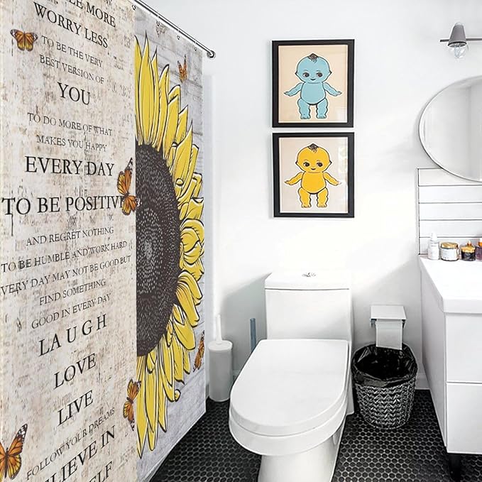 Inspirational Quotes Sunflowers Butterfly Shower Curtain,Vintage Old Newspaper Board Background Sunflower Animals Waterproof Shower Curtains for Bathroom Decor 12 Pack Hooks 55x72in（140x183cm）