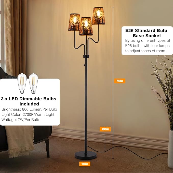 9MMML 3-Light Black Dimmable Floor Lamp for Living Room Bedroom 68'' Tall Standing Lamp with Metal Hollow Shades, 3 x E26 LED Bulb Included