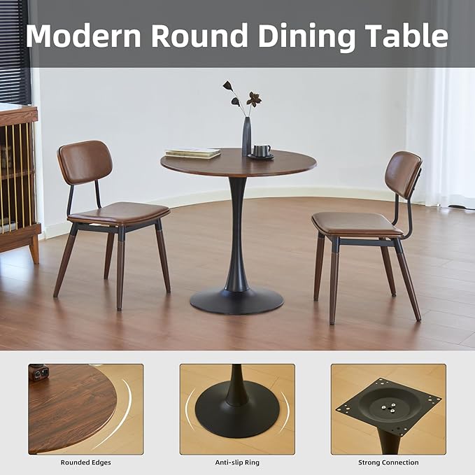 Round Dining Table, 24" Circle Tulip Table with Thickened Tabletop & Metal Pedestal, Mid Century Modern Bistro Table for Kitchen, Small Places, Living Room, Cafe (Brown)