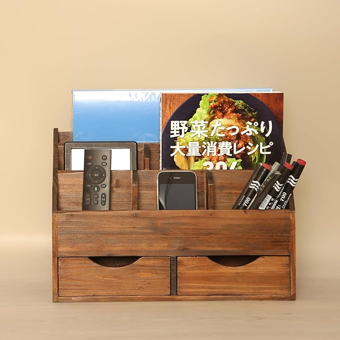 Vintage Rustic Wooden 2 Drawer with Shelf Office Desk Organizer & Mail Rack For Desktop,Box for Office Home Toiletries Supplies Vanity, No Assembly Required (J03) (Brown)