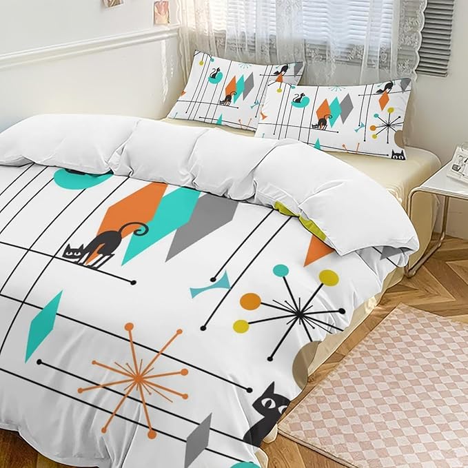 Mid Century Duvet Cover Sets Vintage Black Cat Modern Style Printed Lightweight Soft Quilt Cover Abstract Geometric Minimalist Soft Microfiber 3 Piece (1 Duvet Cover 68x86in + 2 Pillow Sham 20x30in)