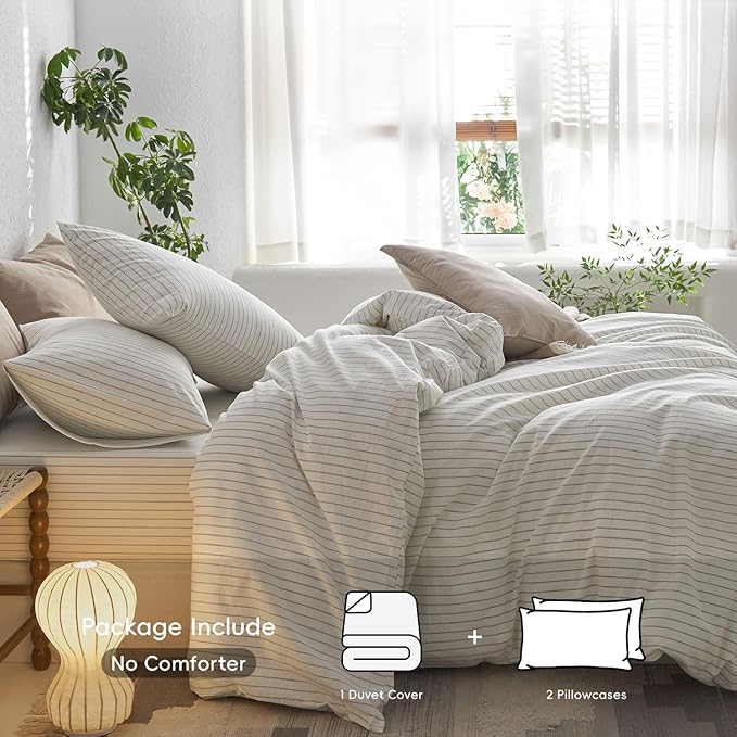 MooMee Striped Duvet Cover Set 100% Washed Cotton Linen Like Textured Breathable Durable Soft Comfy (White Sage Green Wide Stripes, Alaska King 132"x120")