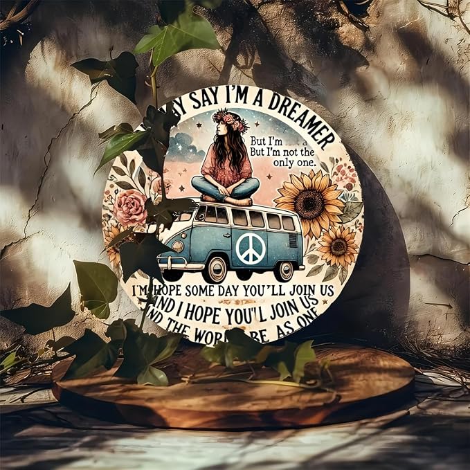 Hippie Van Round Aluminum Sign "Dreamer" Quote Wall Art Decor, Retro Floral Peace Bus Home Decoration, Funny Tin Plaque for Kitchen, Restaurant,Garage - 1 Piece Vintage Engraved 7.8 Inch