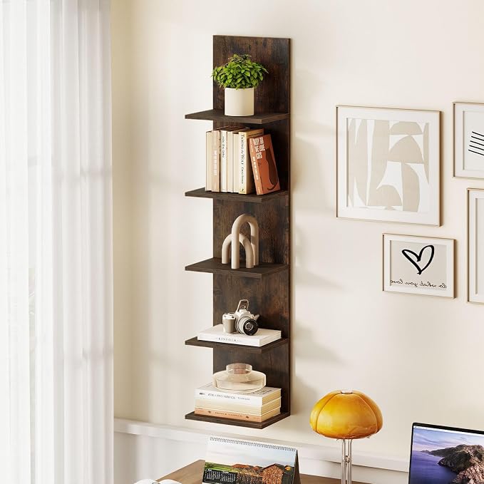 LOKO 5-Tier Wall Shelf, Vertical Column Storage Organizer with Expansion Screws, Decorative Wall Mounted Shelving, Floating Wooden Display Shelf for Living Room, Kitchen, Bathroom (1,Rustic Brown)