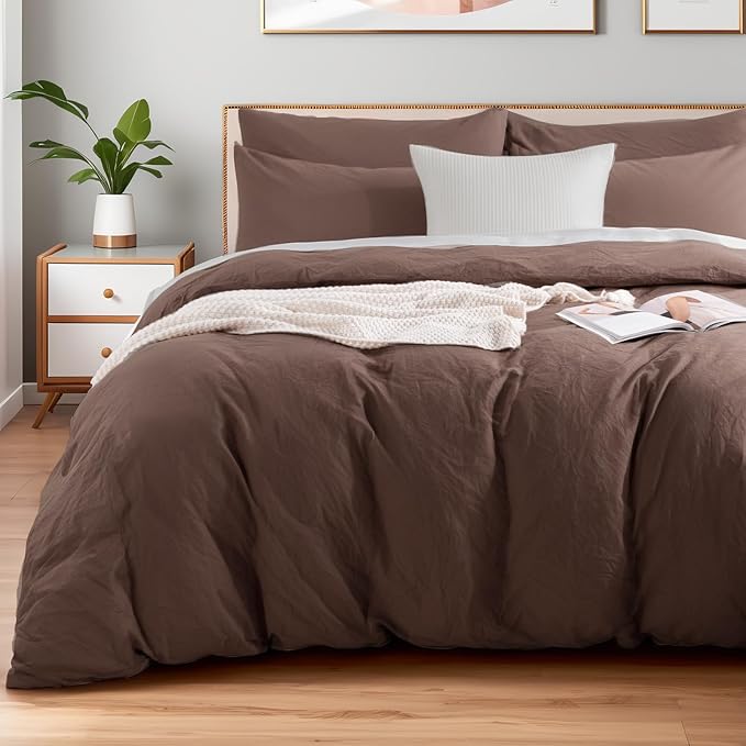 NEXHOME PRO King Duvet Cover Set – 100% Certified Organic Cotton with Washed Feel & Linen-Like Texture, Comfortable & Breathable, Home Bedding Set Dark Brown (No Comforter)