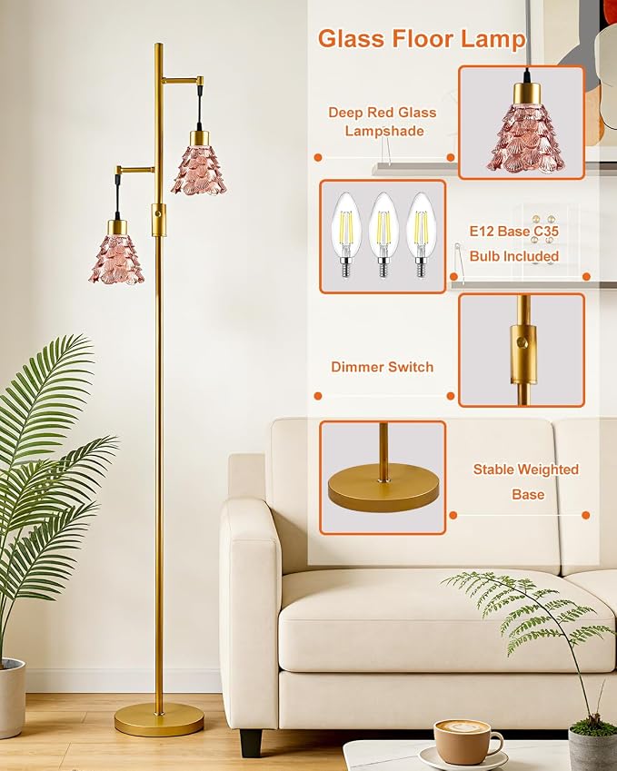 2-Light Modern Glass Floor Lamp, Gold Standing Tall Lamp with Deep Red Shell Glass Shade, Dimmable LED Floor Lamp with 5Lbs Heavy Base for Living Room Bedroom Home Decor, Bulb Included
