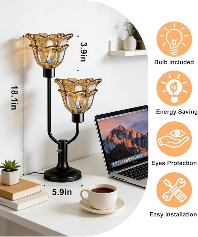Lightdot Mid Century Modern Flower Table Lamp for Living Room Dimmable Nightstand Lamp Amber Glass Vintage Black Desk Lamp 2 Bulbs Included Warmwhite Ambient Bedside Lamp for Bedroom Home Office Decor