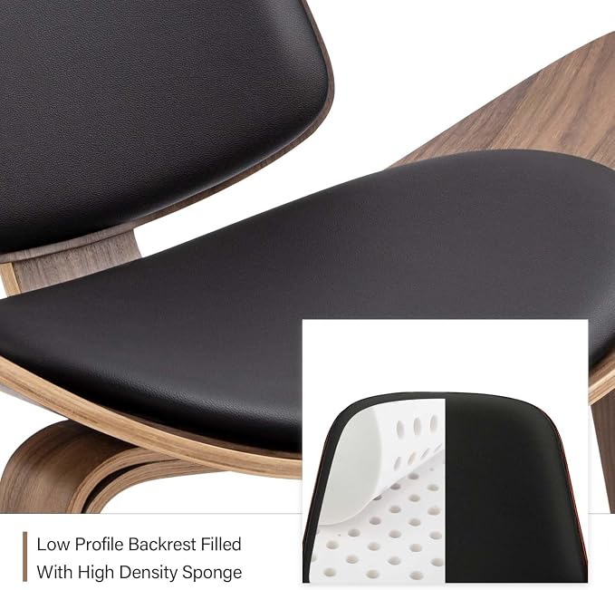 Mid Century Modern Shell Lounge Chair, PU Leather, Tripod Plywood Classic Design Solid Wood Accent Chairs for Living Room, Reading, Lounge, Office, Salon