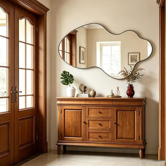Irregular Wall Mirror, 46.5"x24" Asymmetrical Decorative Accent Mirror with Black Metal Frame, Organic Shape Mirrors for Entryway Hallway Bedroom Living Room, Horizontal or Vertical Hanging