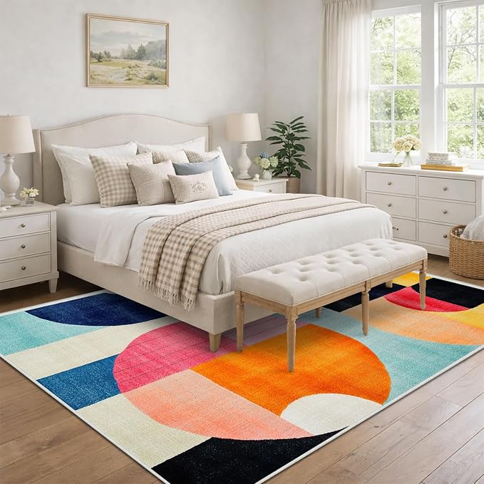 9x12 Colorful Area Rug Modern Abstract Orange Yellow Pink Blue White Beige Black Bedroom Rug Low Pile Thin Large Carpet Living Room Non Slip Dining Room Stain Resistant Office Washable Machine