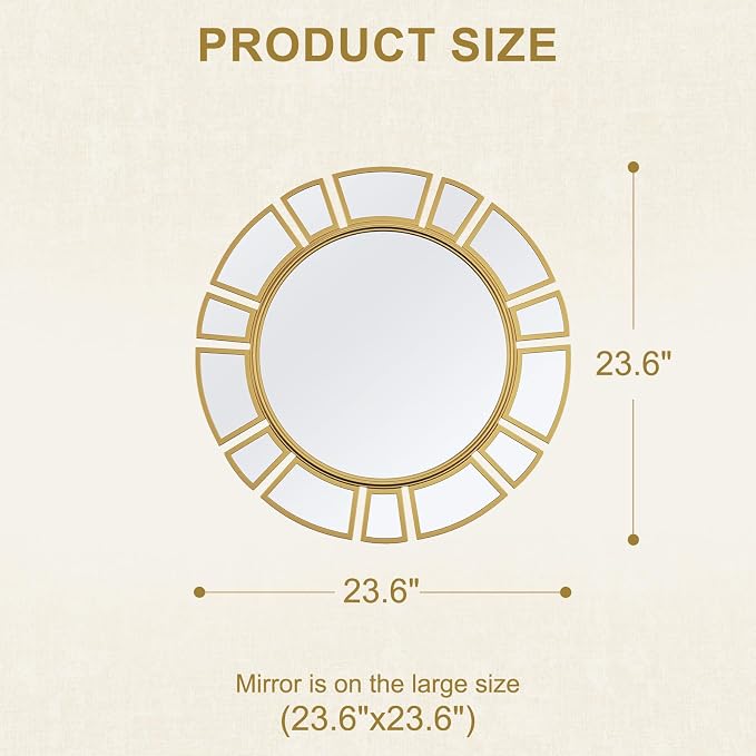 CozyDH Gold Sunburst Mirror Decor - 24 inch Round Wall Mirror Decorative with Metal Frame Modern Bohemian Sun Art Decor Mirror for Entryway Bedroom Living Room Hallway Bathroom Dining Room Fireplace
