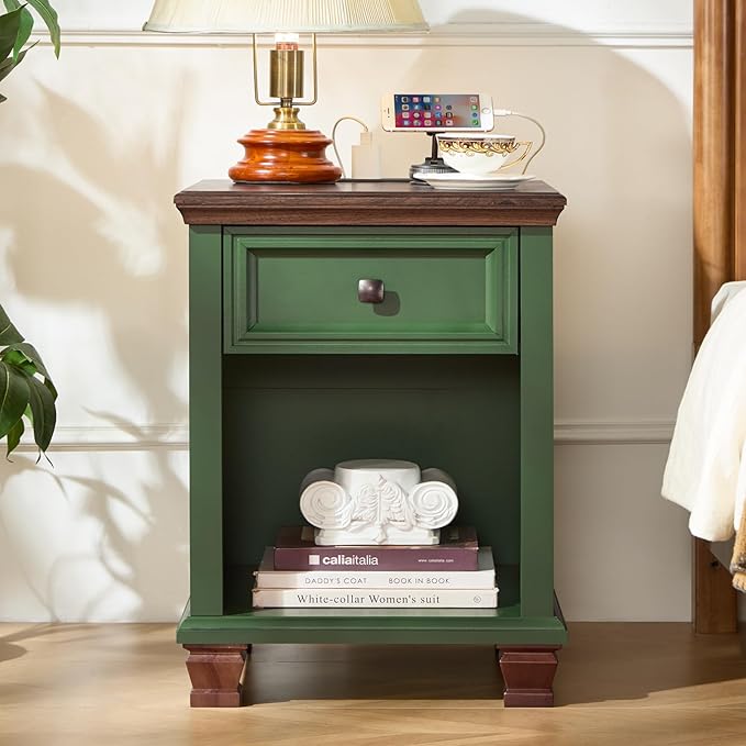Farmhouse End Tables Living Room with Drawer, Rustic Wood Nightstand with Charging Station, Bedside Table with Open Shelf for Bed Room, Living Room, Green